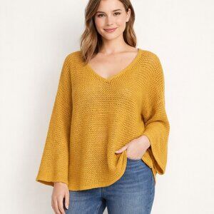 Old Navy Women’s Mustard Yellow Hollow Knit Bell Sleeve Sweater | XXL